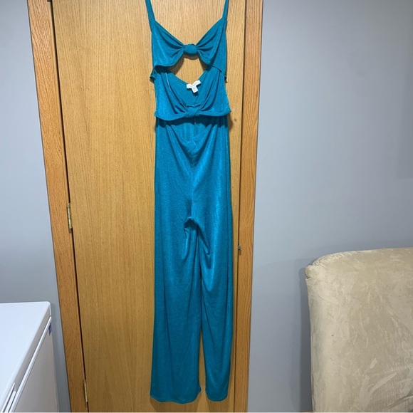 Topshop Slinky Cut Out Teal Jumpsuit - Size 4-6 - Picture 3 of 8